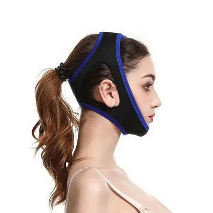 SnoreShift RestEasy Chin Strap shown on a model, designed to reduce snoring and improve sleep quality.