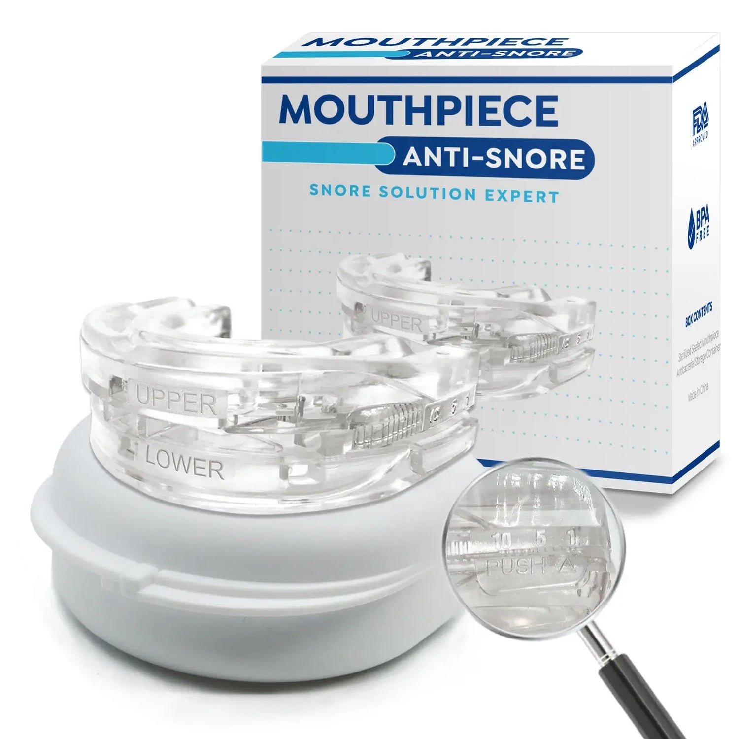 SnoreShift QuietGuard mouthpiece and packaging for effective anti-snoring solution.