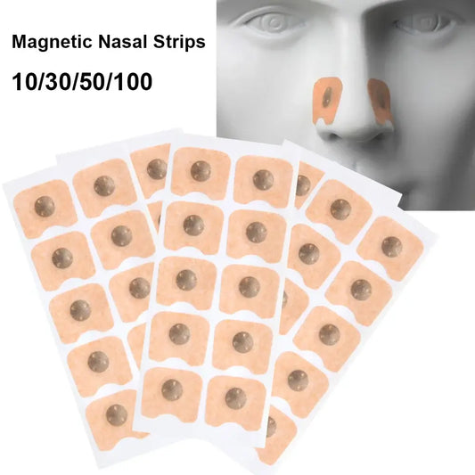 Magnetic nasal strips for snoring relief, available in packs of 10, 30, 50, or 100.