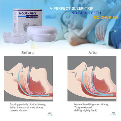 SnoreShift QuietGuard mouthpiece image showing before and after using the anti-snoring solution for better sleep.