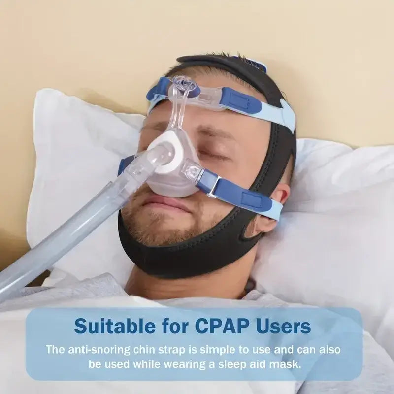 Man wearing SnoreShift RestEasy Chin Strap with CPAP mask for effective snoring prevention while sleeping.