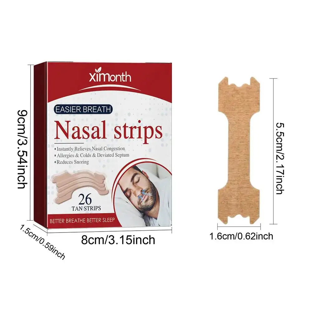 Easier Breath Nasal Strips packaging with strips for better breathing and reduced snoring, 26 tan strips included.