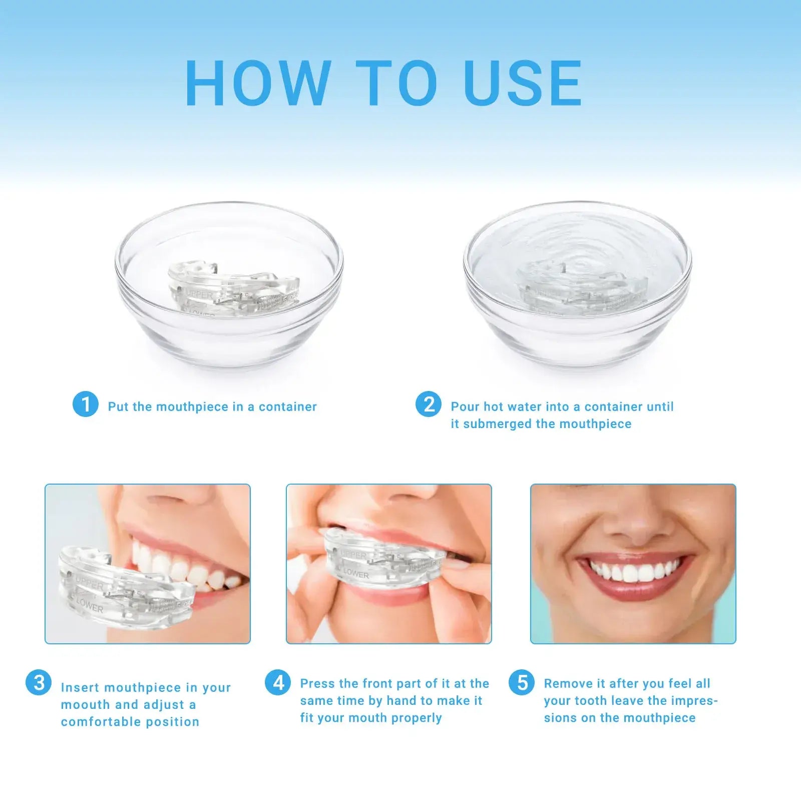 Instructions for using SnoreShift QuietGuard mouthpiece for snoring relief.